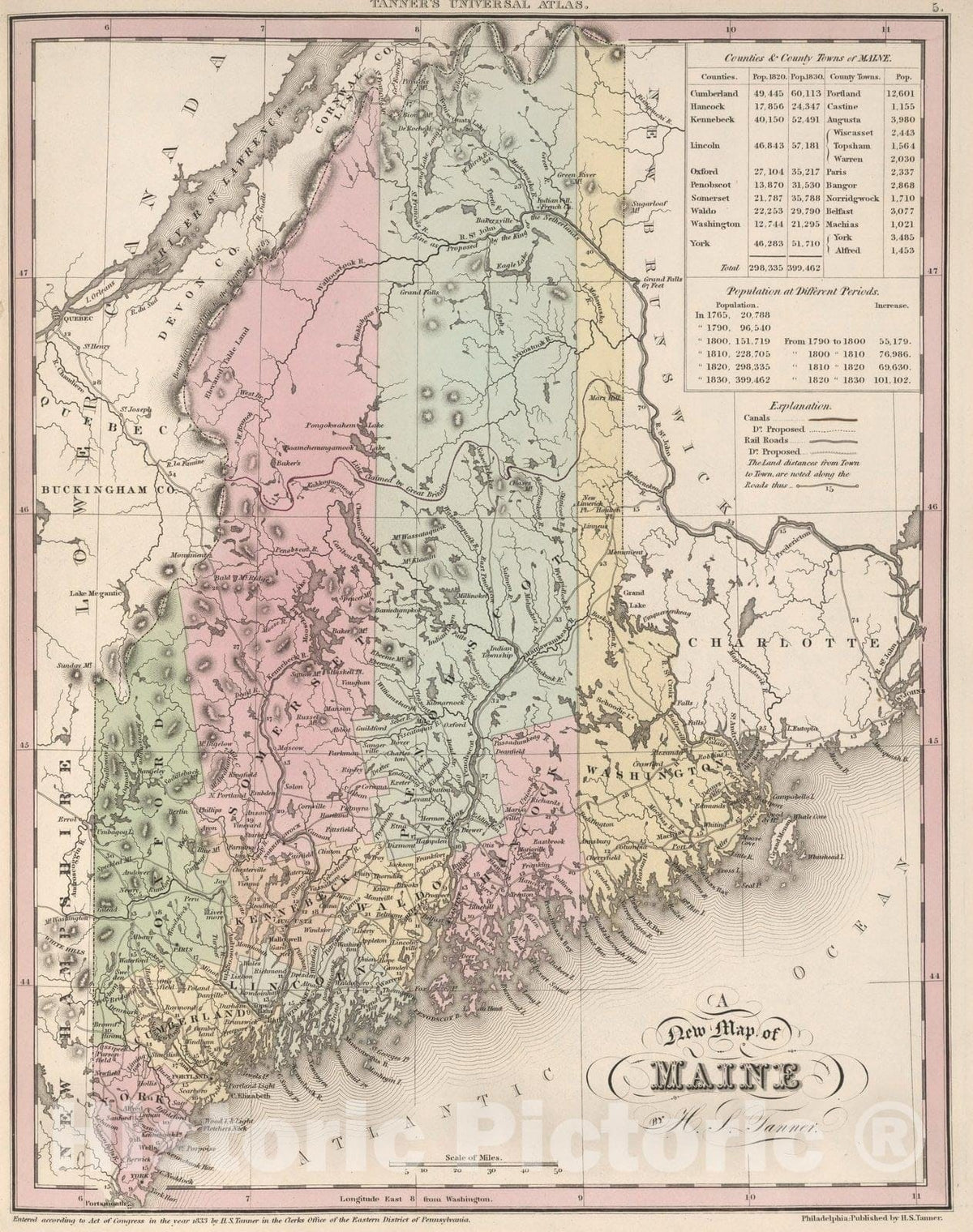 Historic Wall Map : World Atlas Map, Maine. 1833 - Vintage Wall Art