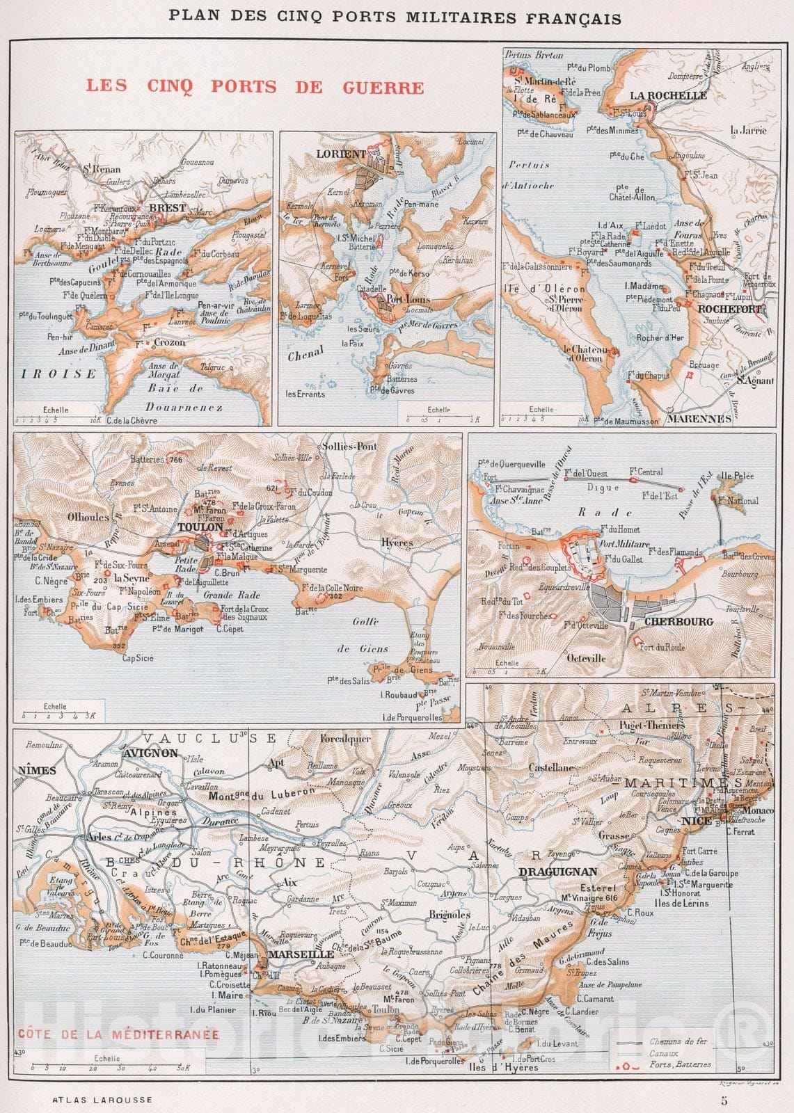 Historic Map : World Atlas Map, Plan des Cinq Ports Militaires Francais. 1900 - Vintage Wall Art