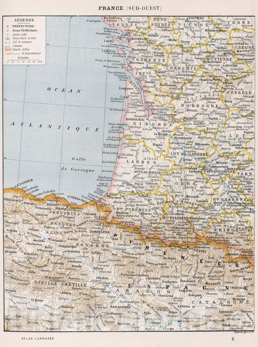 Historic Map : France,France (Sud-Ouest). 1900 , Vintage Wall Art