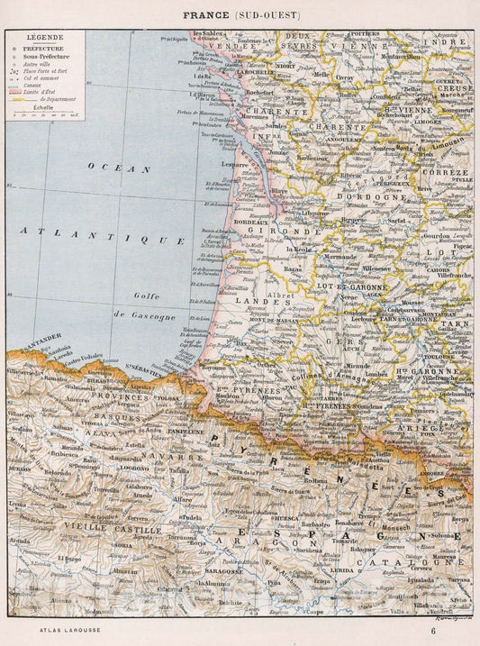 Historic Map : France,France (Sud-Ouest). 1900 , Vintage Wall Art