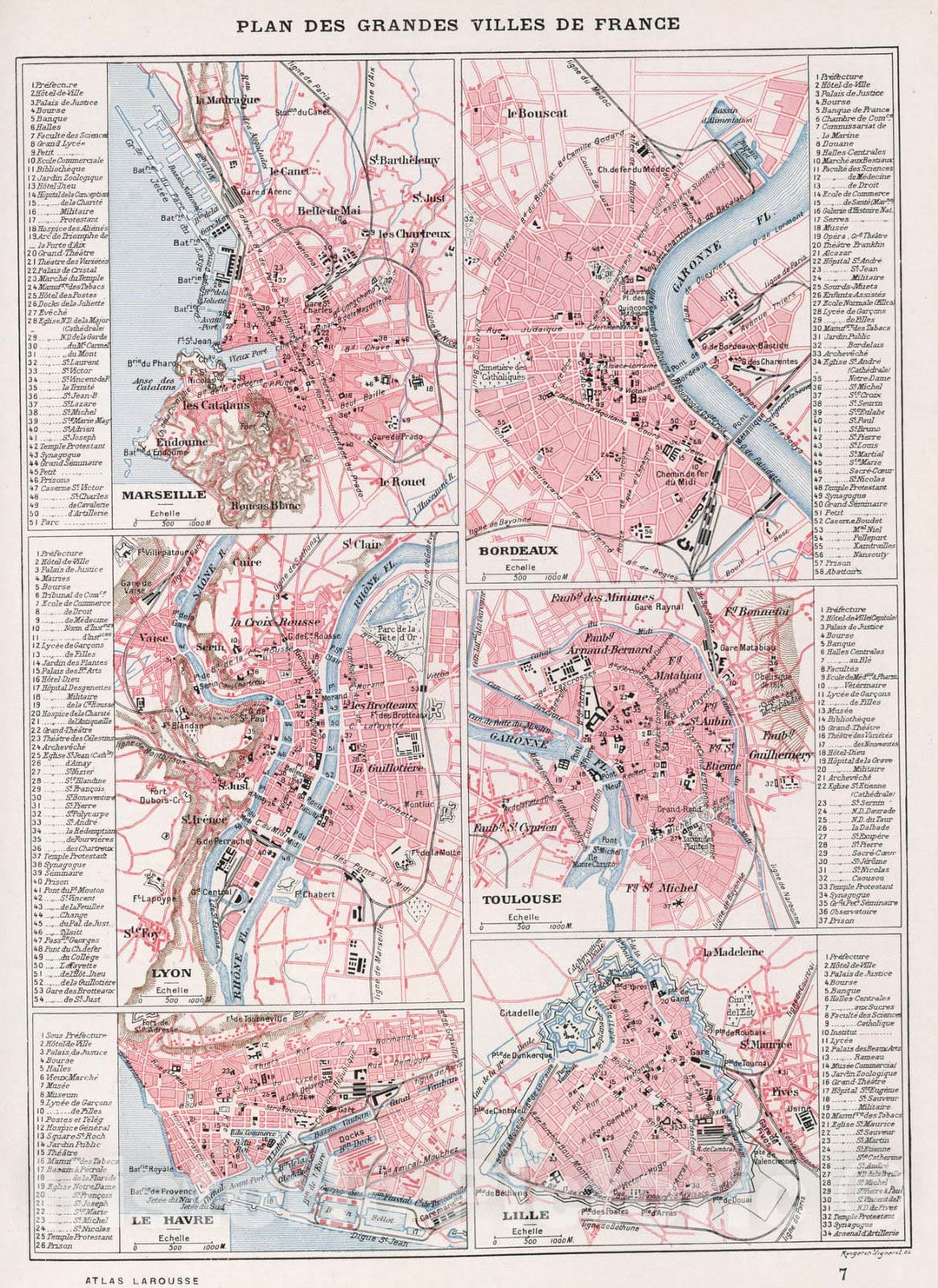 Historic Map : Marseille , France,Plan des Grandes Villes de France (Marseille, Lyon, Le Harve, Bordeaux, Toulouse, Lille). 1900 , Vintage Wall Art