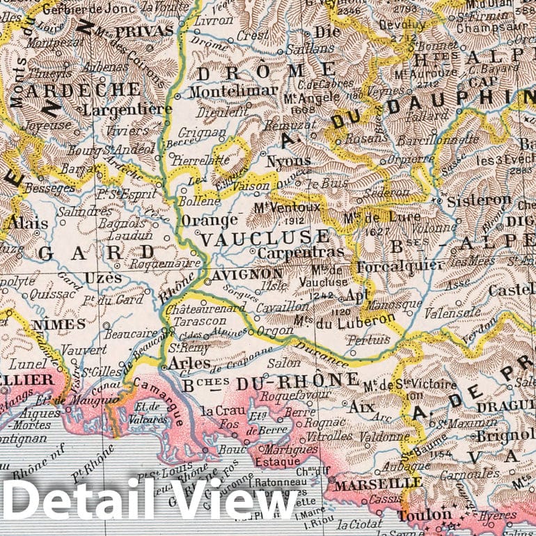 Southeastern France, 1900 - Historical Map Print from Atlas Larousse Illustre