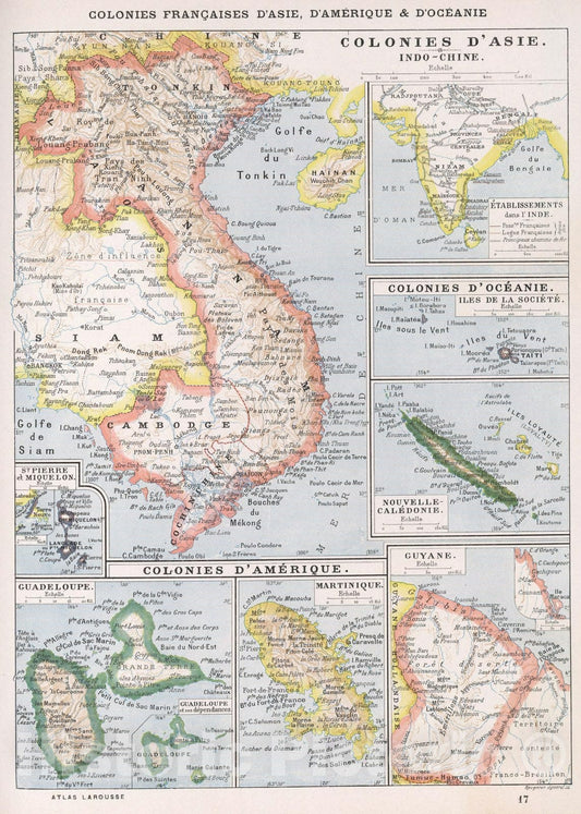 French Colonies of Asia, America, and Oceania, 1900 - Historical Map Print