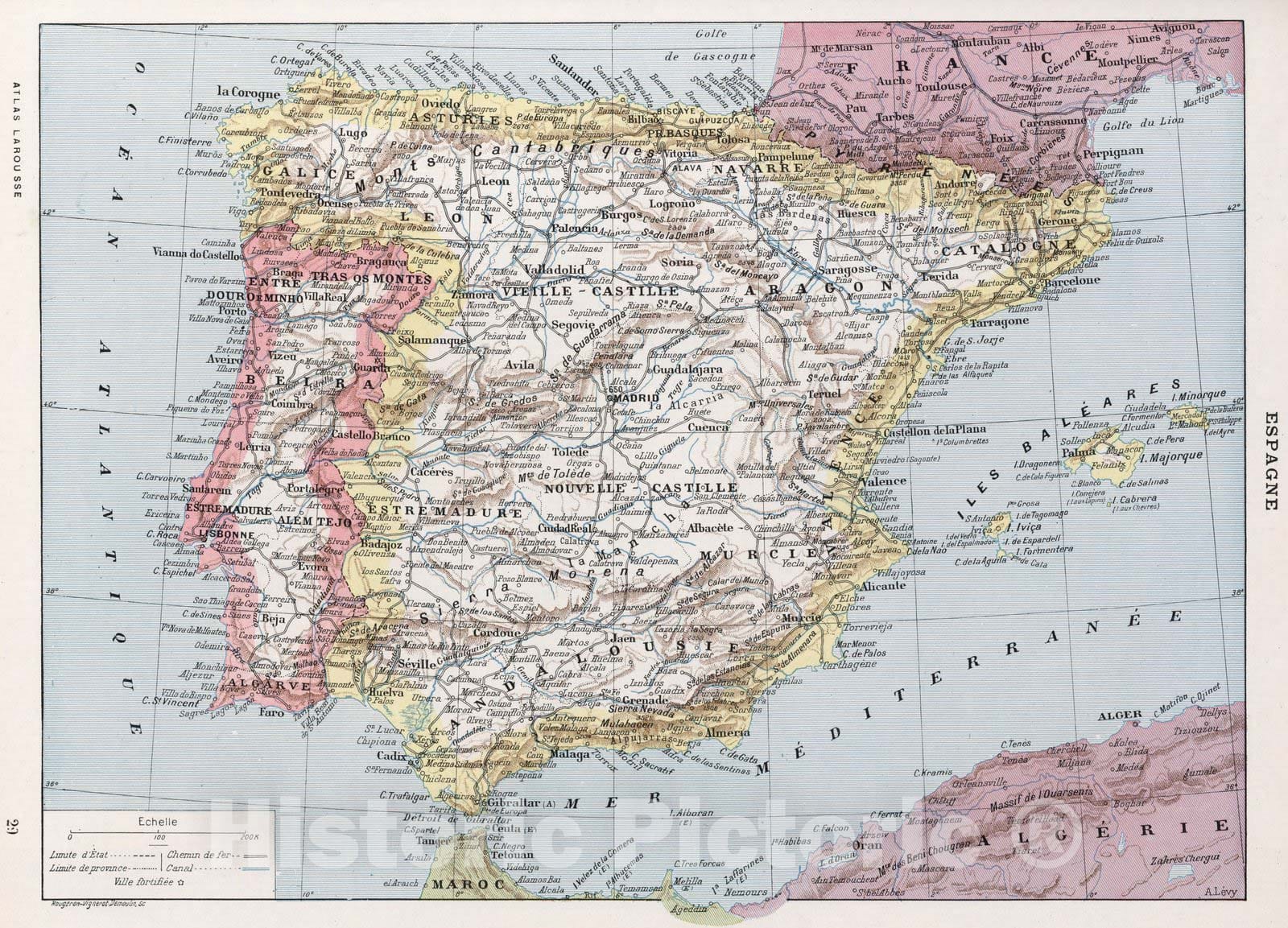 Historic Map : Spain, Iberian PeninsulaEspagne. 1900 , Vintage Wall Art
