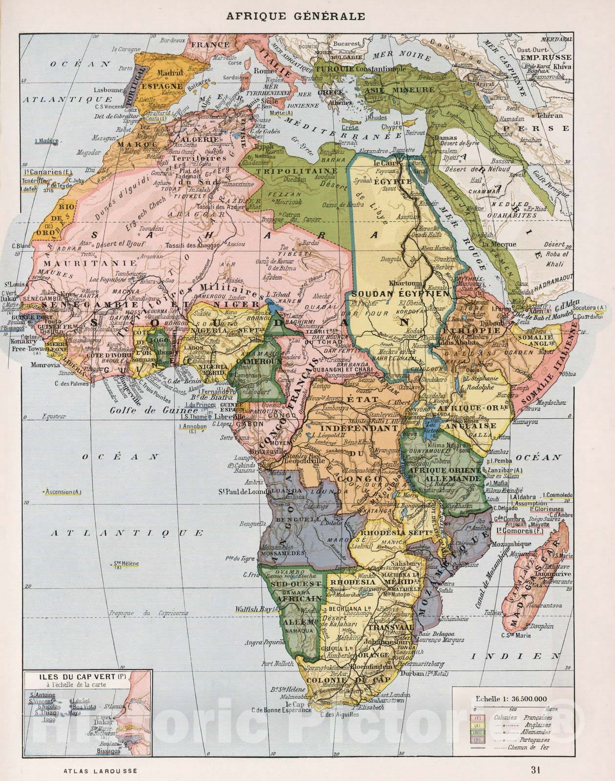 Historic Map : World Atlas Map, Afrique Generale. 1900 - Vintage Wall Art