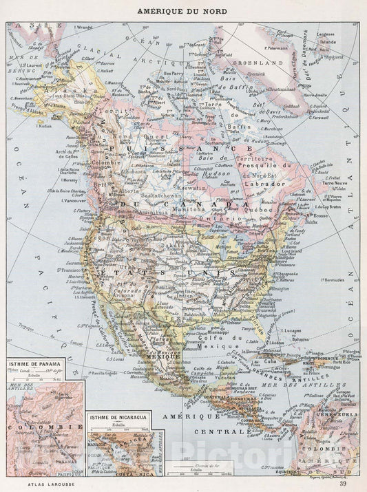 Historic Map : World Atlas Map, Amerique du Nord. 1900 - Vintage Wall Art