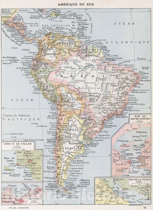 Historic Map : World Atlas Map, Amerique du Sud. 1900 - Vintage Wall Art