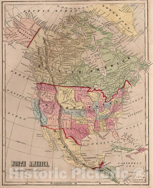 Historic Map : World Atlas Map, North America. 1856 - Vintage Wall Art