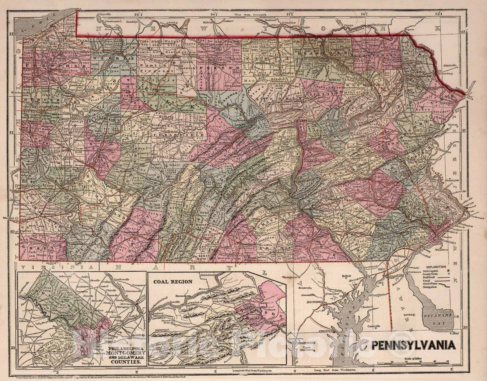Historic Map : World Atlas Map, Pennsylvania. 1856 - Vintage Wall Art