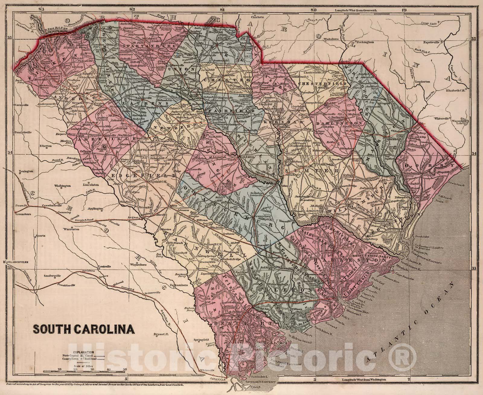 Historic Map : World Atlas Map, South Carolina. 1843 - Vintage Wall Art