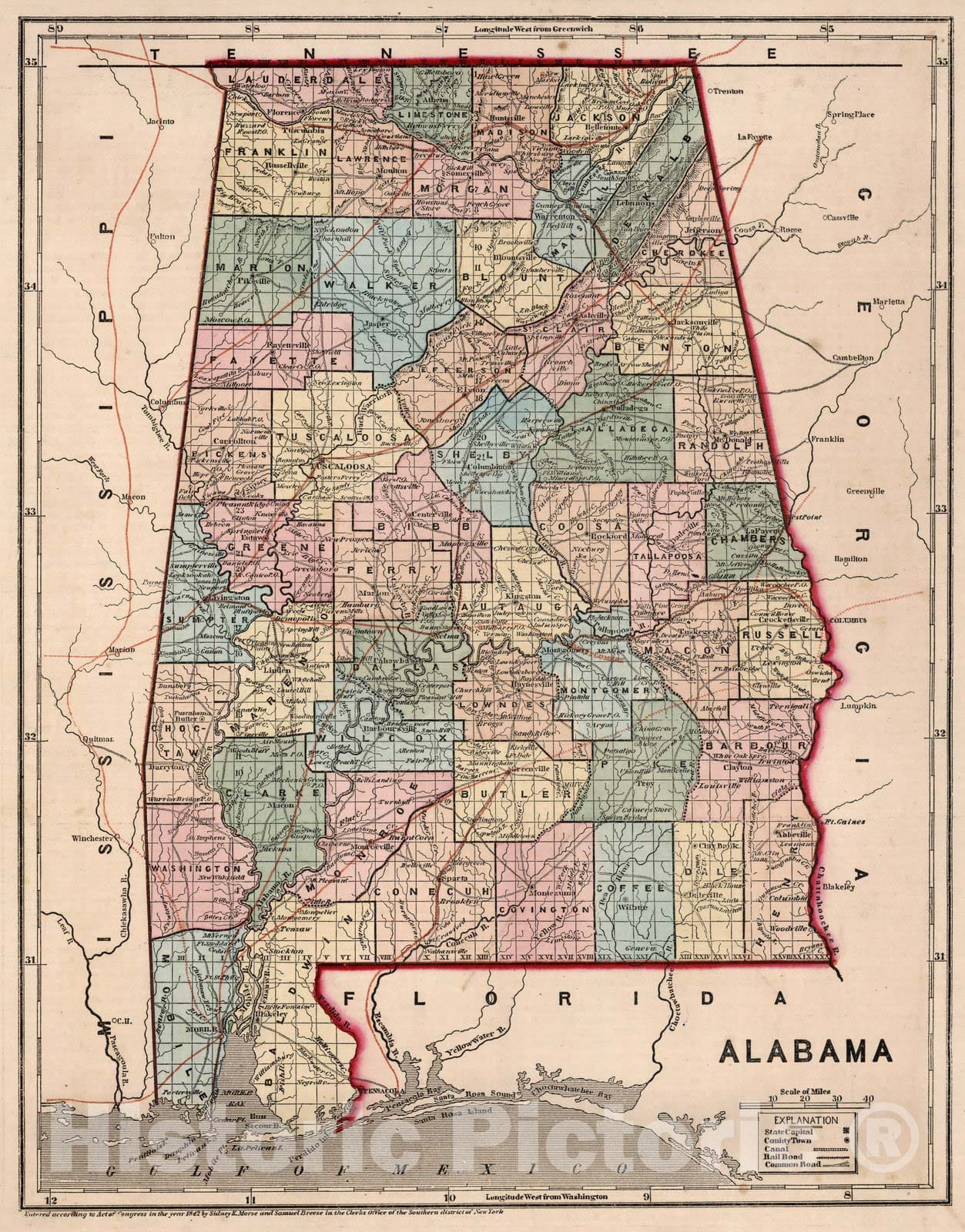 Historic Map : World Atlas Map, Alabama. 1842 - Vintage Wall Art