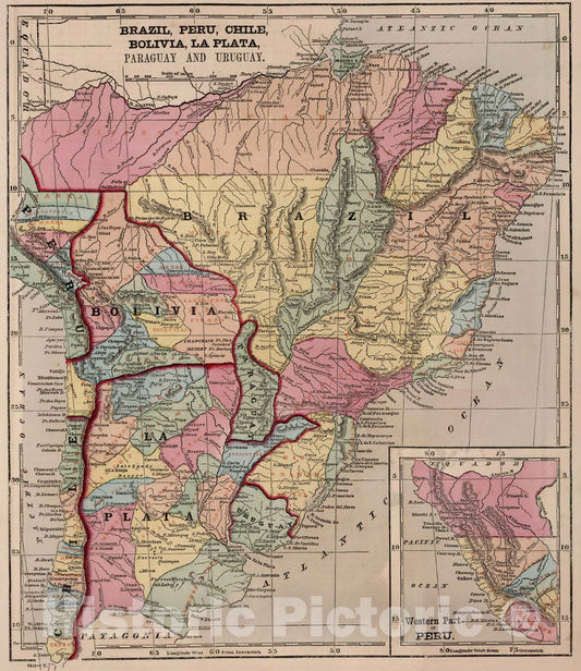 Historic Map : Brazil,Brazil, Peru, Bolivia, Chile, La Plata, Paraguay, and Uruguay. 1856 , Vintage Wall Art