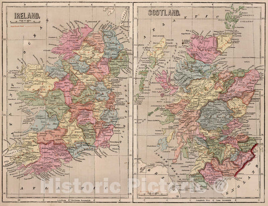 Historic Wall Map : World Atlas Map, Ireland. Scotland. 1856 - Vintage Wall Art