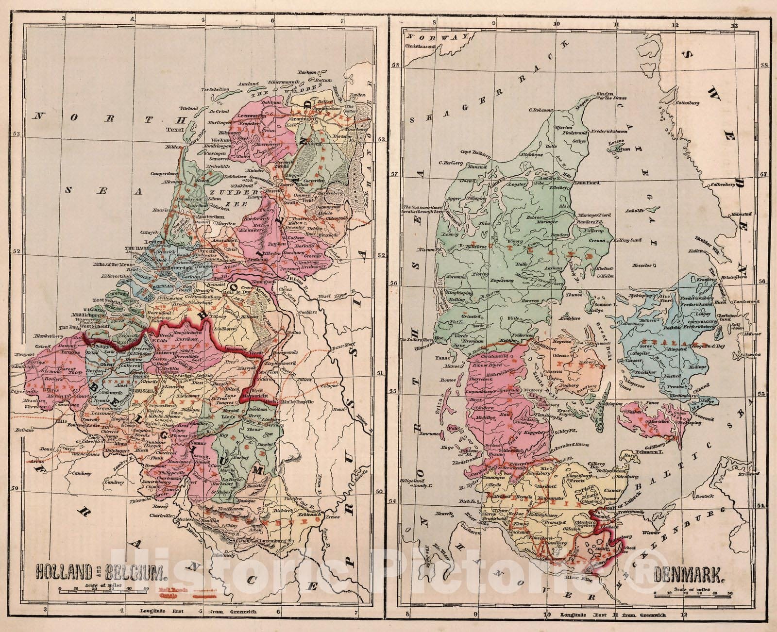 Historic Map : World Atlas Map, Holland and Belgium. Denmark. 1856 - Vintage Wall Art