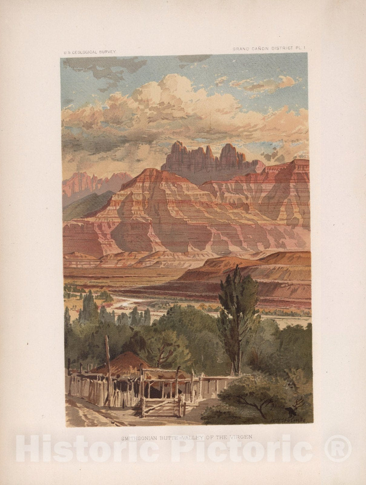 Historic Map : Geology Book, Frontispiece and View: Pl. I. Smithsonian Butte - Valley of the Virgen (Virgin). 1882 - Vintage Wall Art