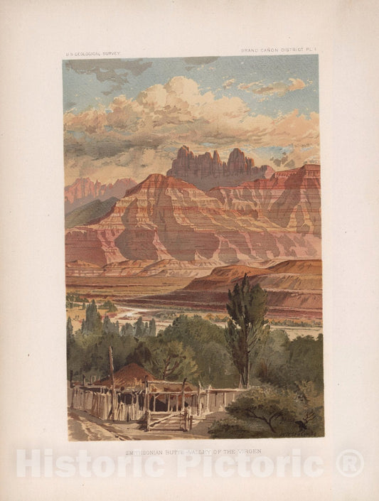 Historic Map : Geology Book, Frontispiece and View: Pl. I. Smithsonian Butte - Valley of the Virgen (Virgin). 1882 - Vintage Wall Art