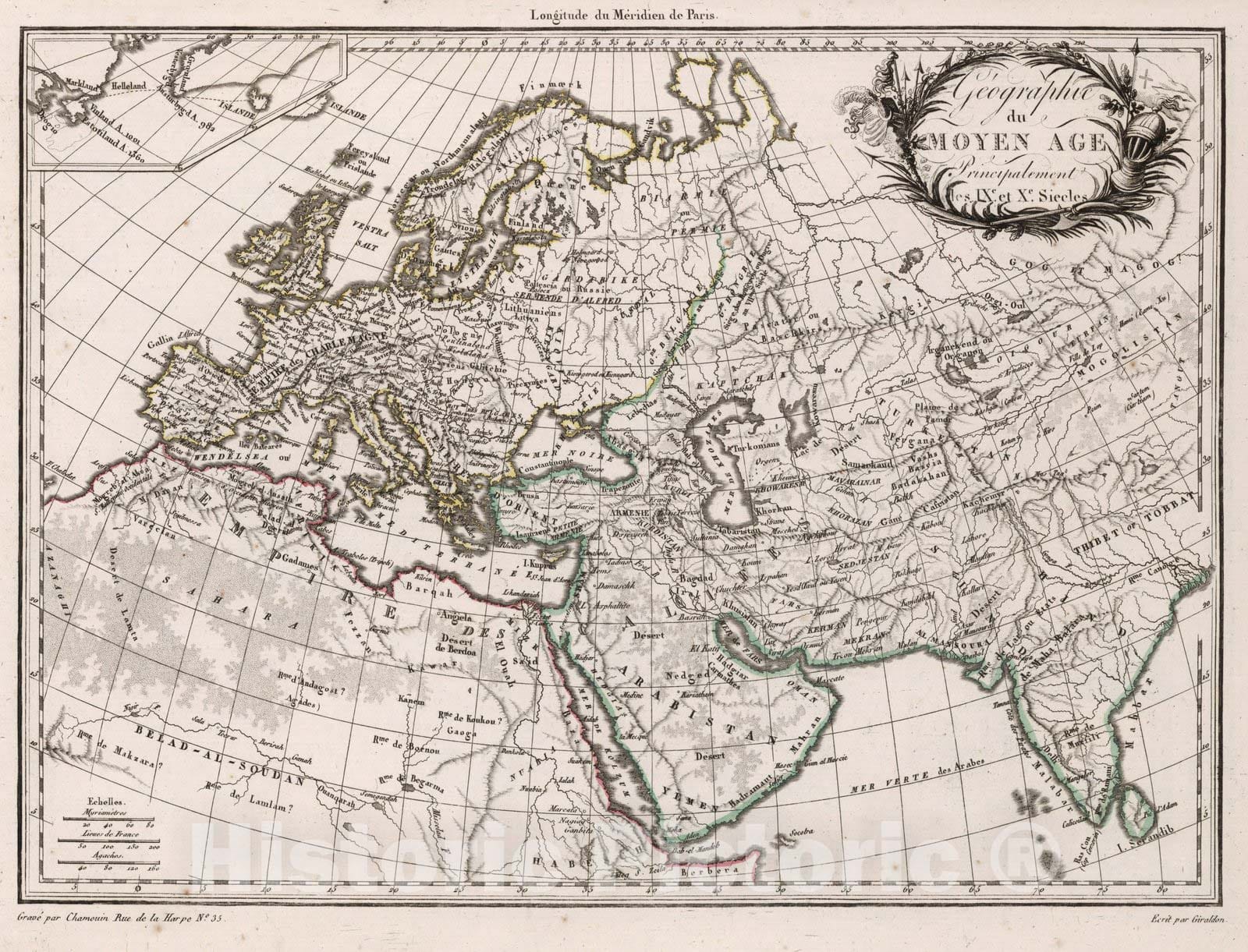 Historic Map : World Atlas Map, Geographie du Moyen Age Principalement les IXe et Xe Siecles. 1812 - Vintage Wall Art