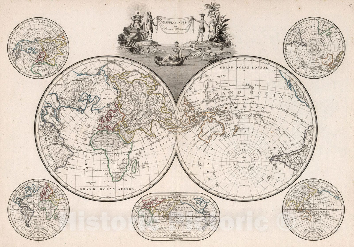 Historic Map : Mappe-Monde sur Diverses Projections, 1812 - Vintage Wall Art