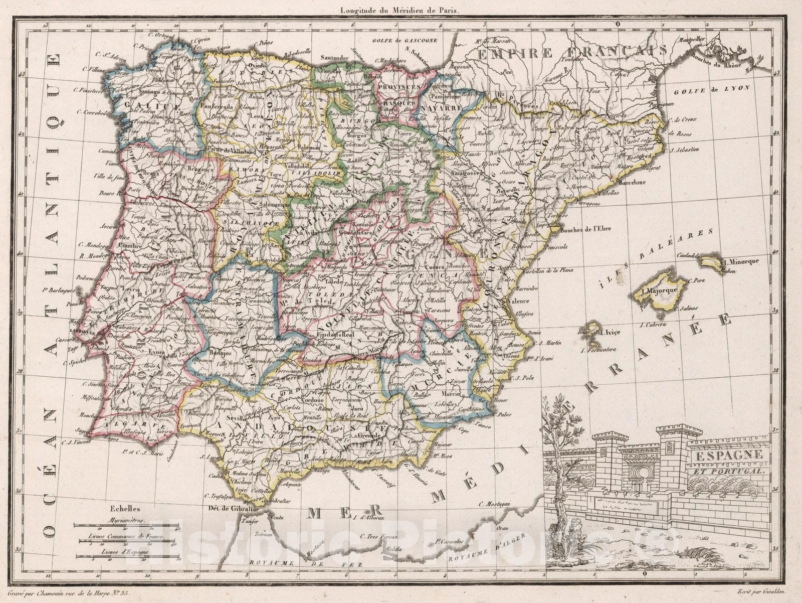 Historic Map : Portugal, Iberian PeninsulaEspagne et Portugal. 1812 , Vintage Wall Art