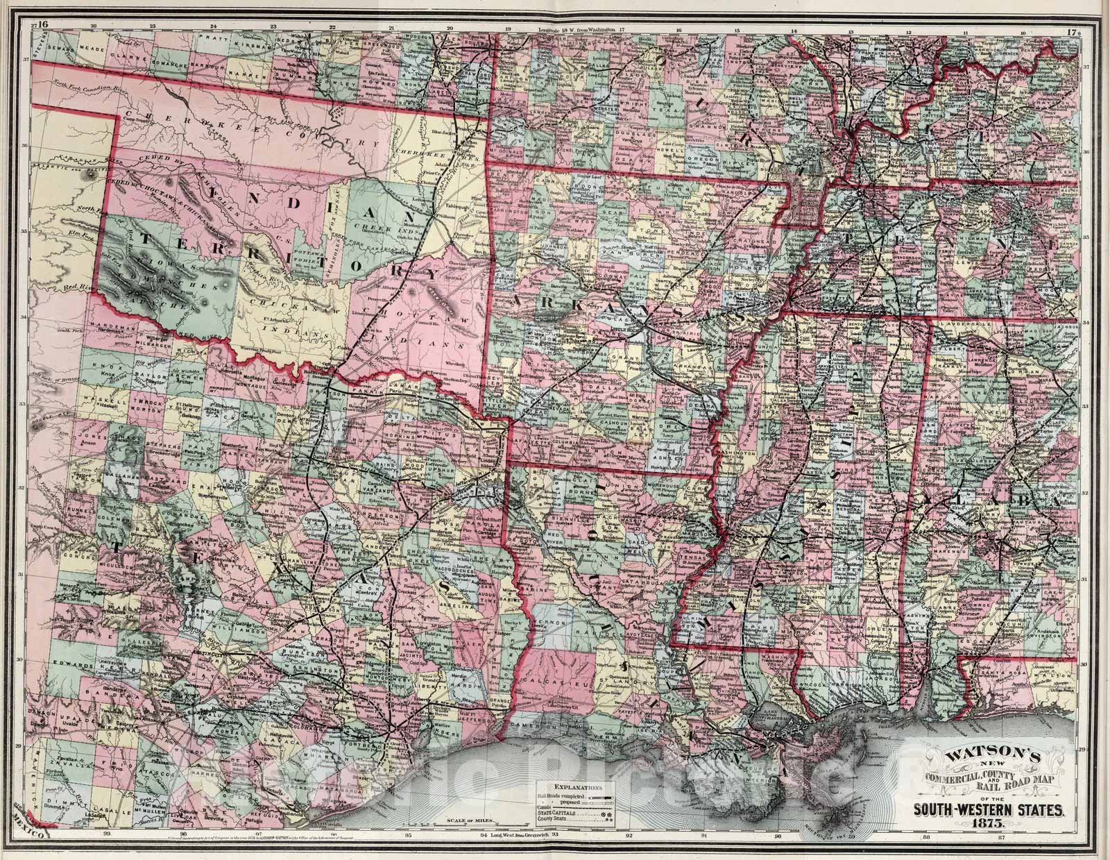 Historic Map : South-Western States. 1875 - Vintage Wall Art