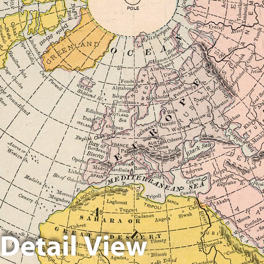 World - Hemisphere Centered on Europe, 1882 - Cram's Atlas Map Print