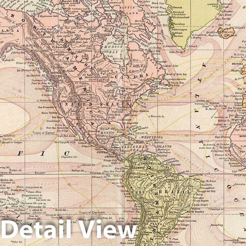 World on Mercator's Projection - Nautical Chart, 1882 - Historical Map Print