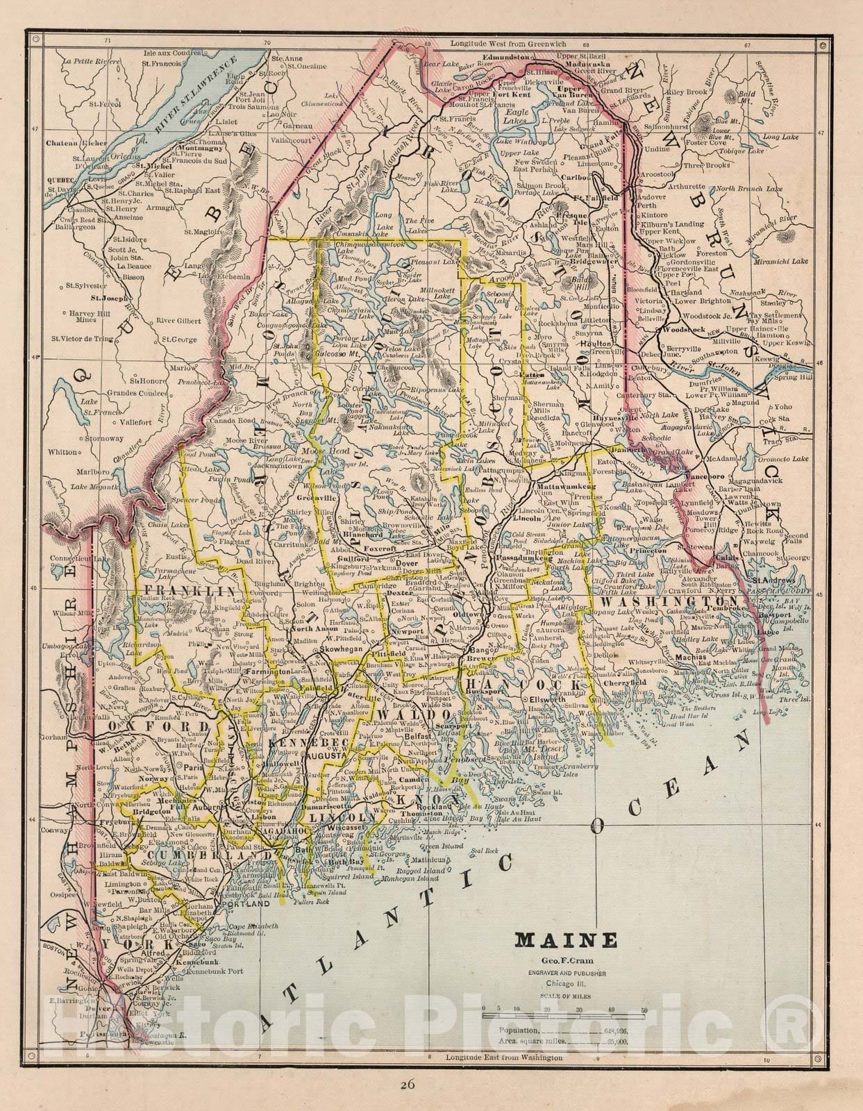 Historic Map : World Atlas Map, Maine. 1882 - Vintage Wall Art