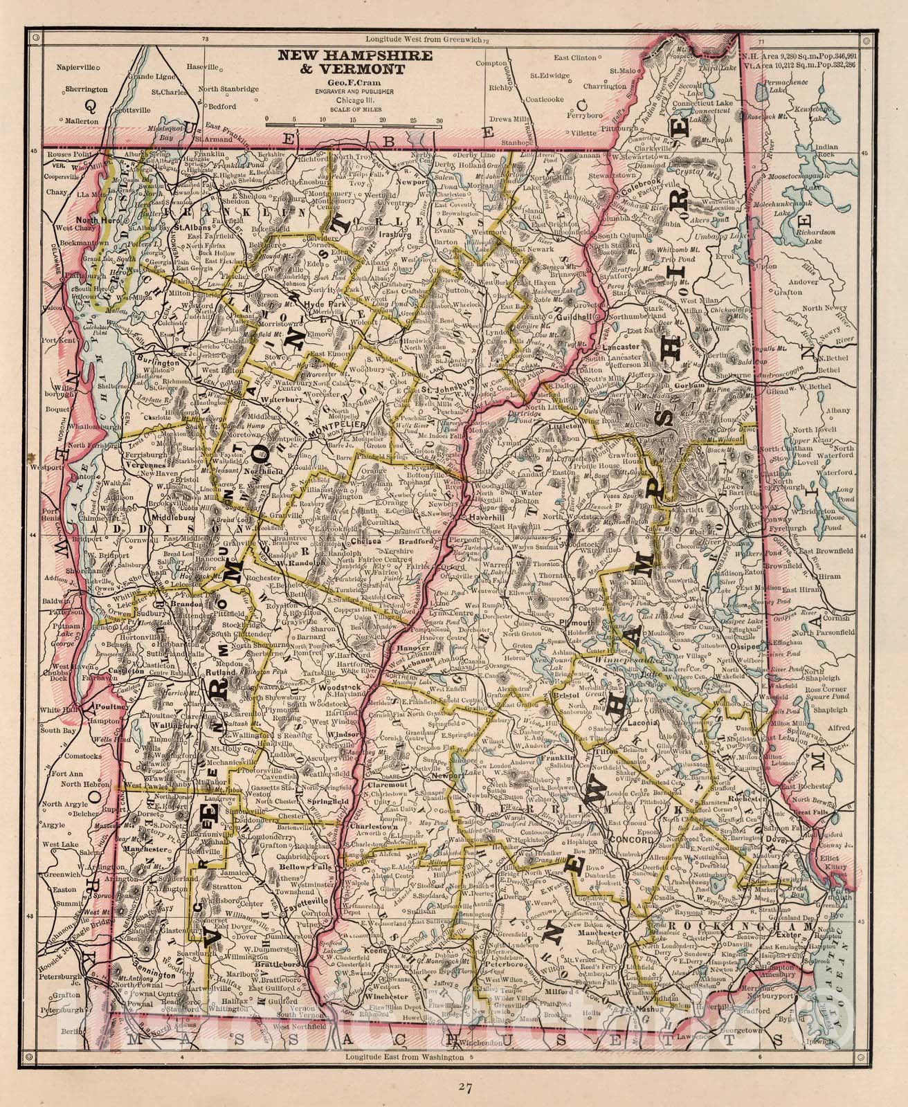 Historic Map : World Atlas Map, New Hampshire and Vermont. 1882 - Vintage Wall Art