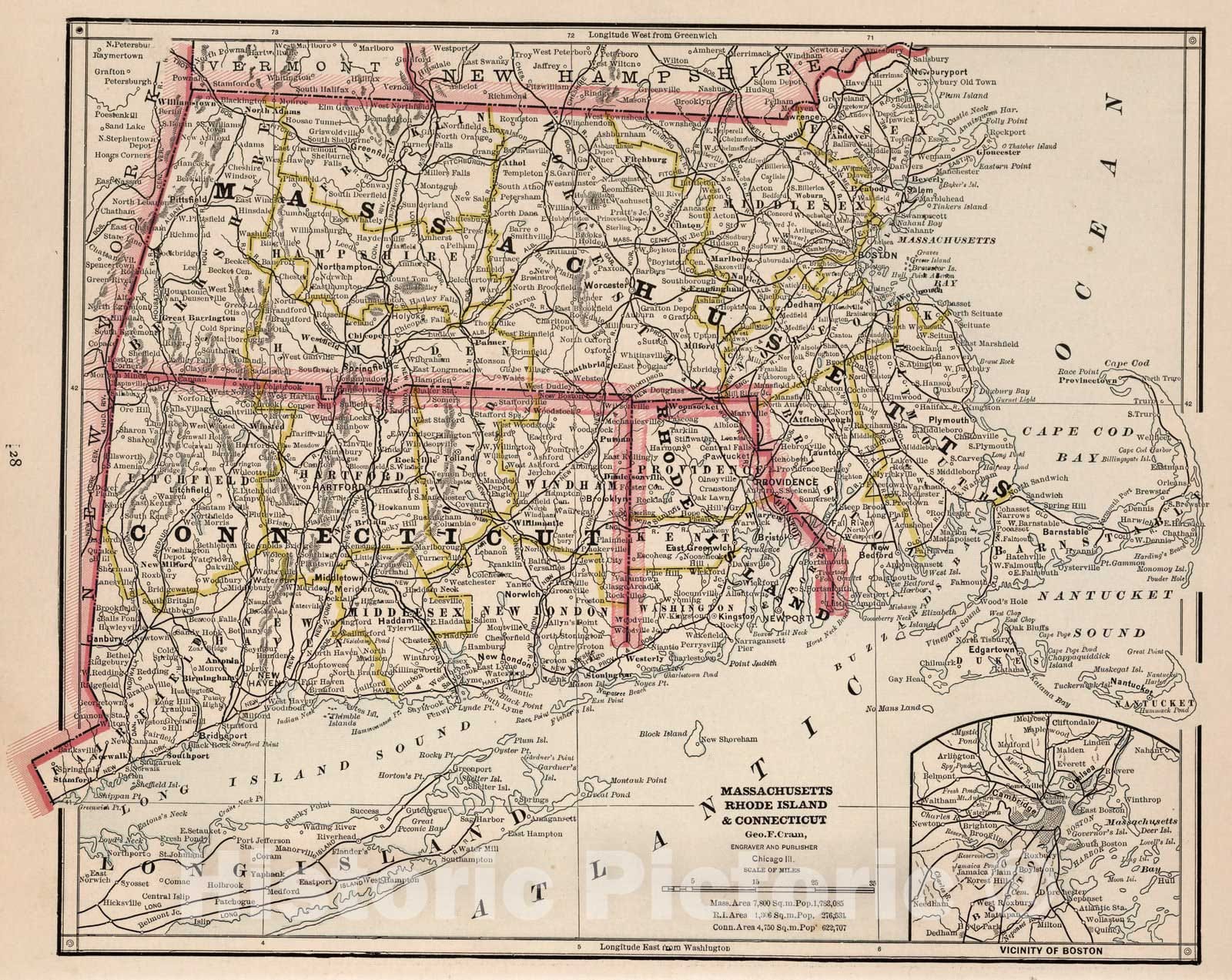 Historic Map : World Atlas Map, Massachusetts, Rhode Island, and Connecticut. 1882 - Vintage Wall Art
