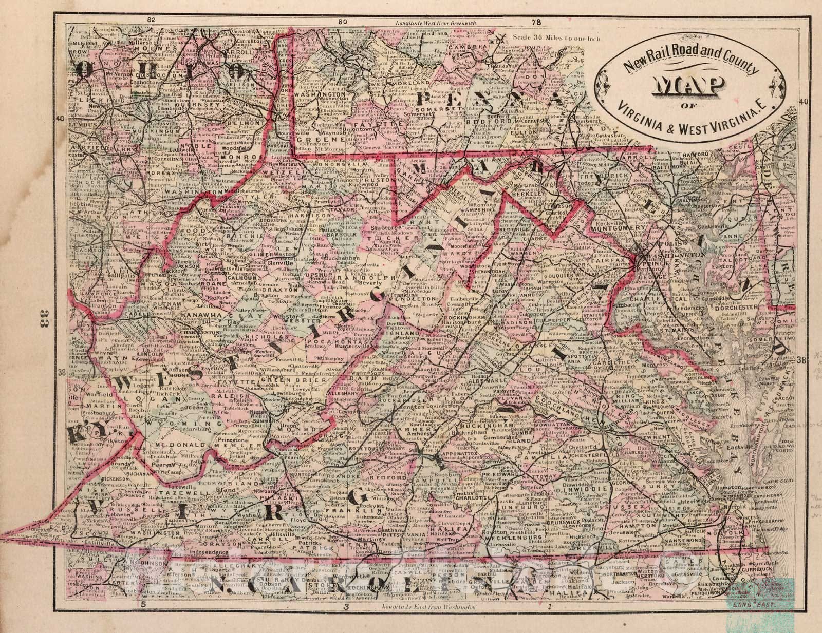 Virginia and West Virginia - Railroad Map, 1882 - Cram's Atlas