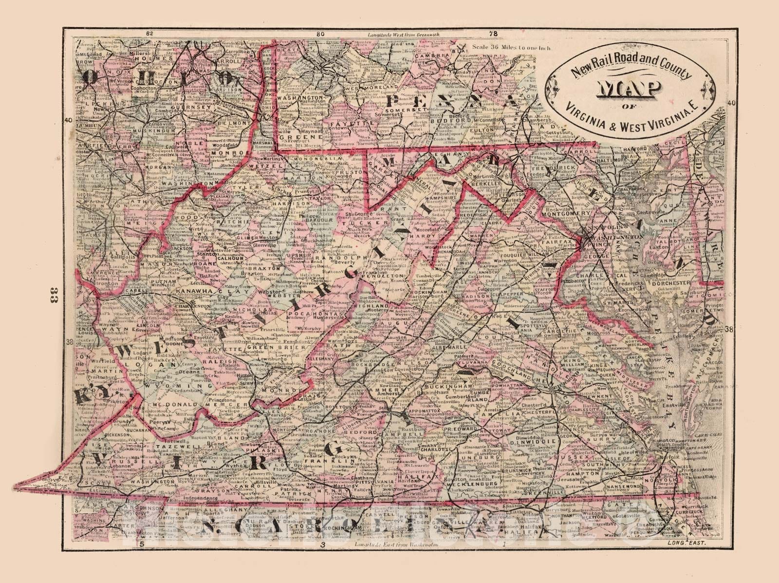 Historic Map - World Atlas Map, New Virginia and West Virginia. 1882 - Vintage Wall Art