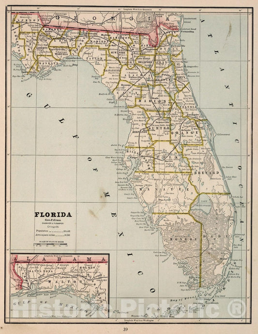 Florida - Railroad Map, 1882 - Cram's Atlas Historical Print