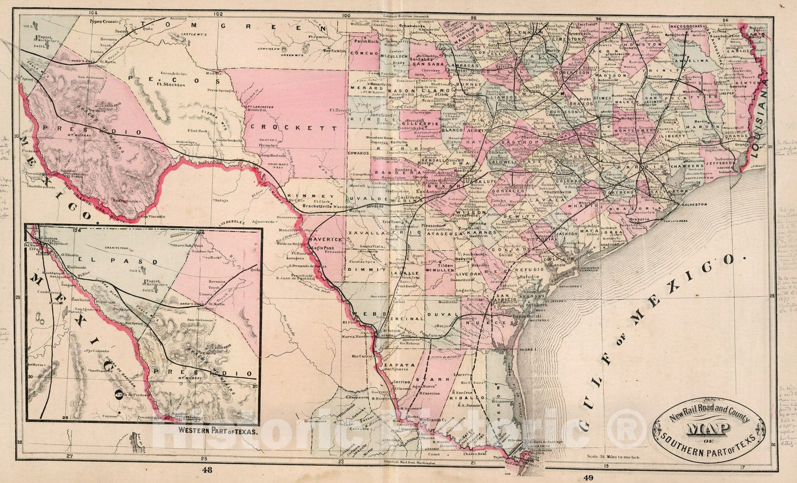 Historic Map : World Atlas Map, Southern Texas. 1882 - Vintage Wall Art