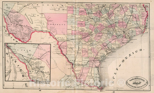 Southern Texas - Railroad Map, 1882 - Cram's Atlas Reproduction