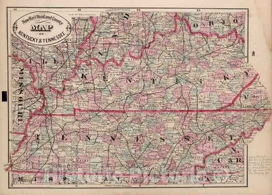 Kentucky and Tennessee - Railroad Map, 1882 - Historical Map Print