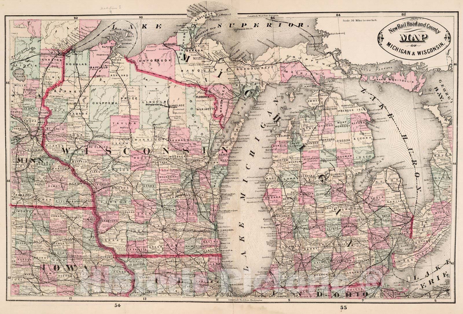 Historic Map : World Atlas Map, Michigan and Wisconsin. 1882 - Vintage Wall Art