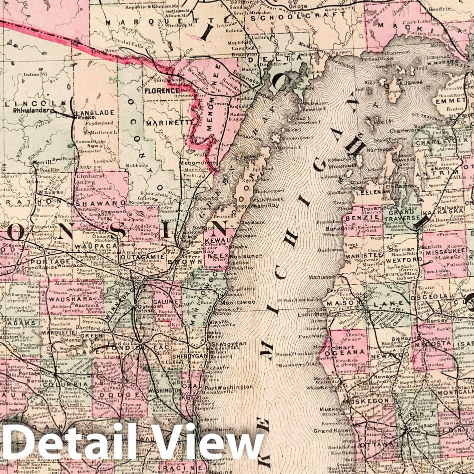 Michigan and Wisconsin - Railroad Map, 1882 - Cram's Family Atlas