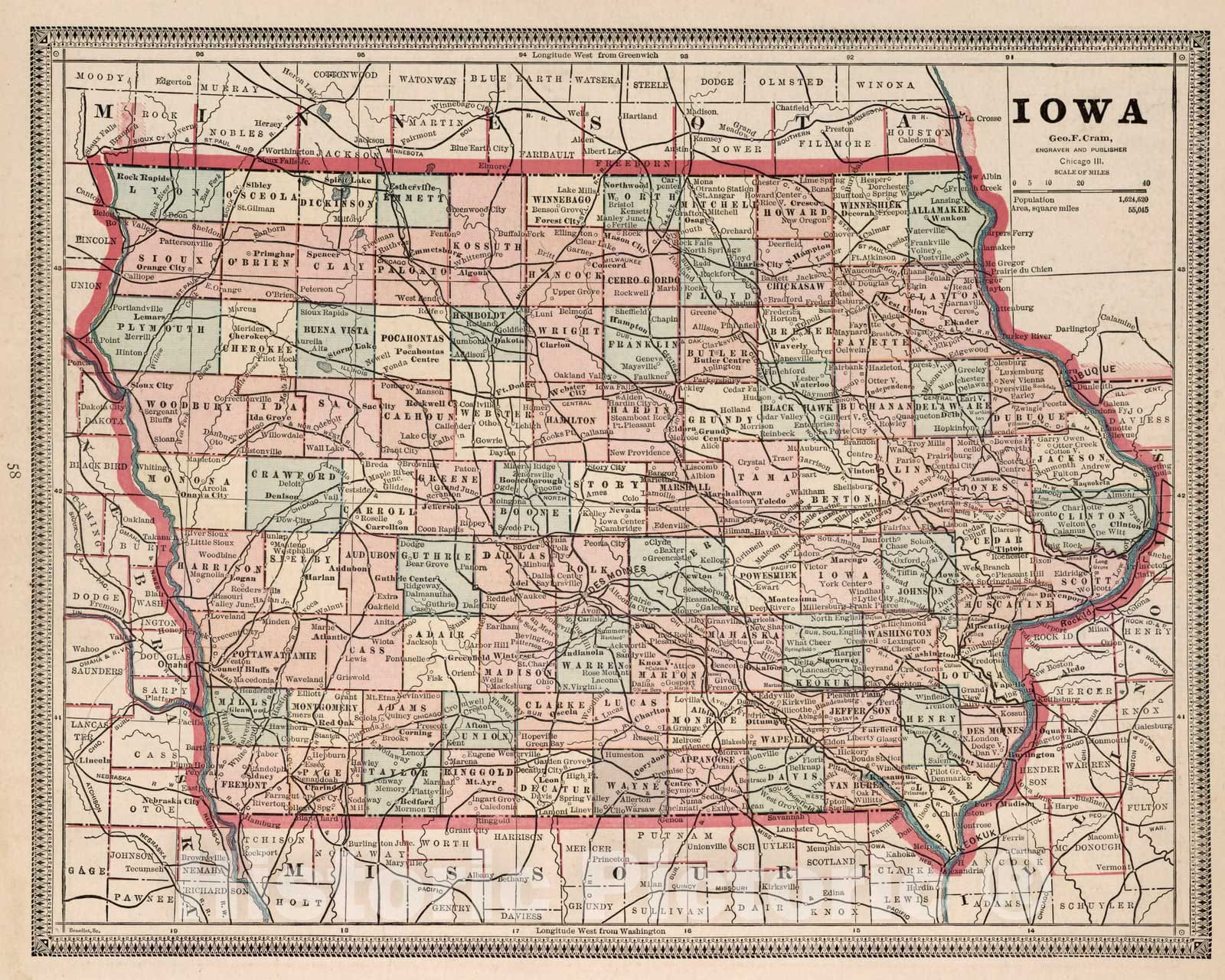 Historic Map : World Atlas Map, Iowa. 1882 - Vintage Wall Art