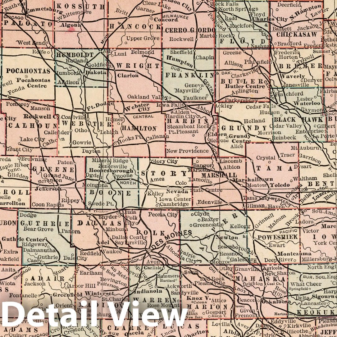 Iowa - Railroad Map, 1882 - Cram's Family Atlas Historical Print