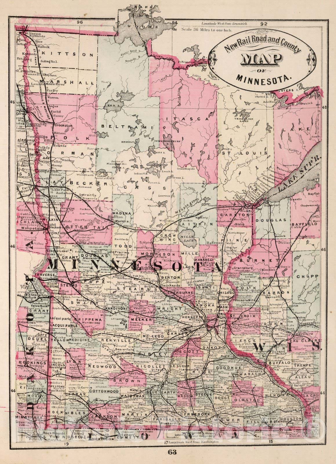 Minnesota - Railroad Map, 1882 - Cram's Atlas Historical Reproduction