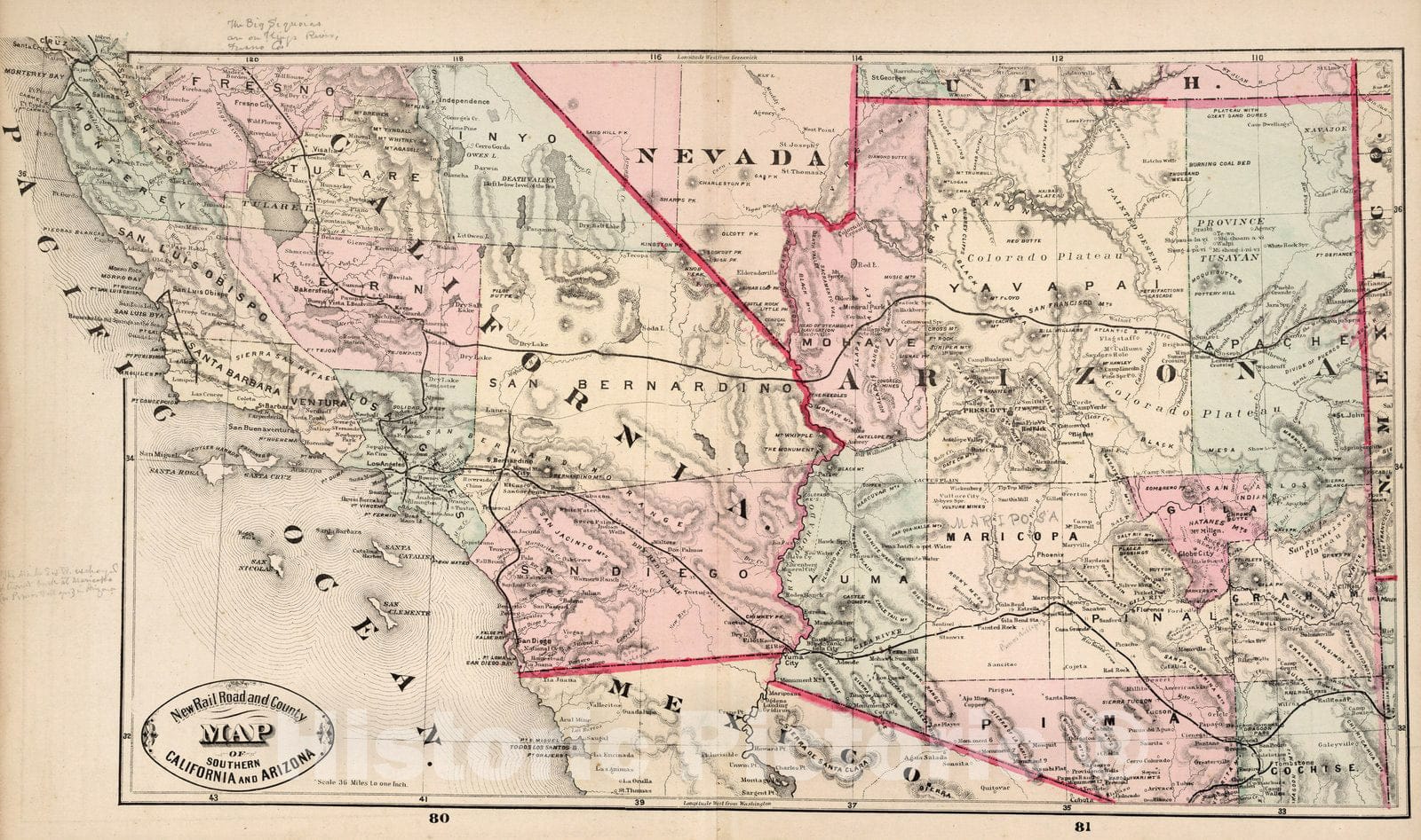 Historic Map : World Atlas Map, Southern California and Arizona. 1882 - Vintage Wall Art