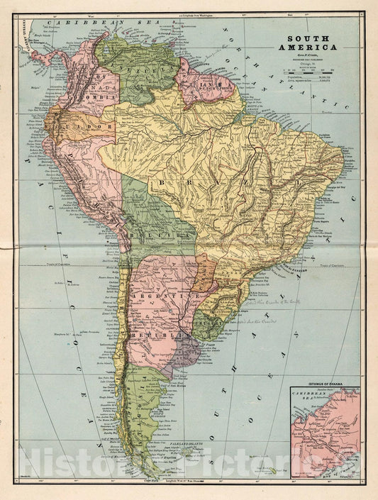 South America with Isthmus of Panama - Railroad Map, 1882