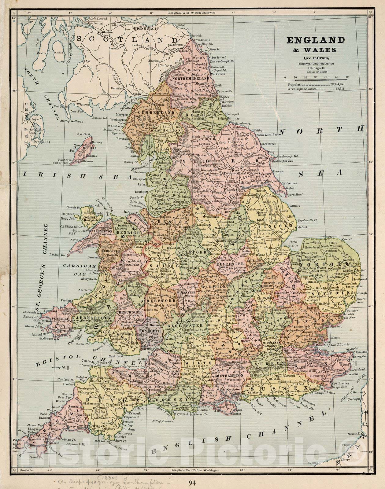 Historic Map : World Atlas Map, England and Wales. 1882 - Vintage Wall Art