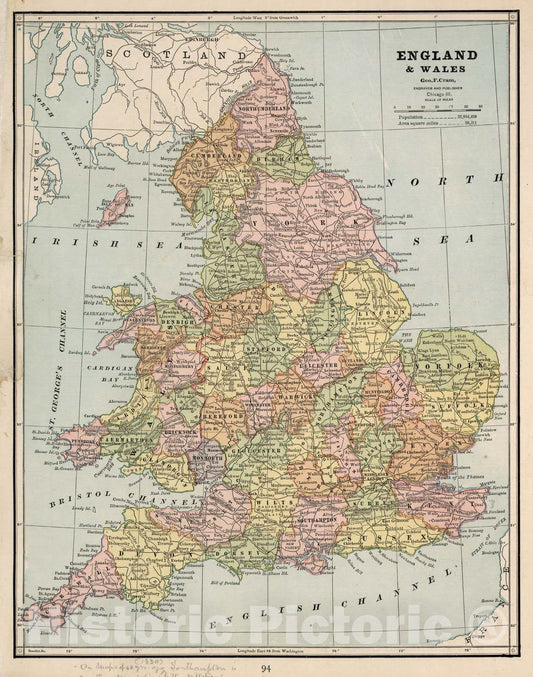 Historic Map : World Atlas Map, England and Wales. 1882 - Vintage Wall Art