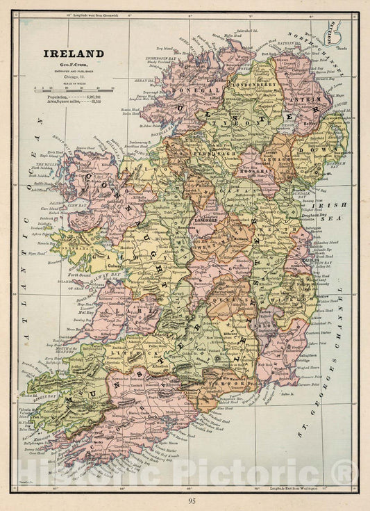 Historic Map : World Atlas Map, Ireland. 1882 - Vintage Wall Art