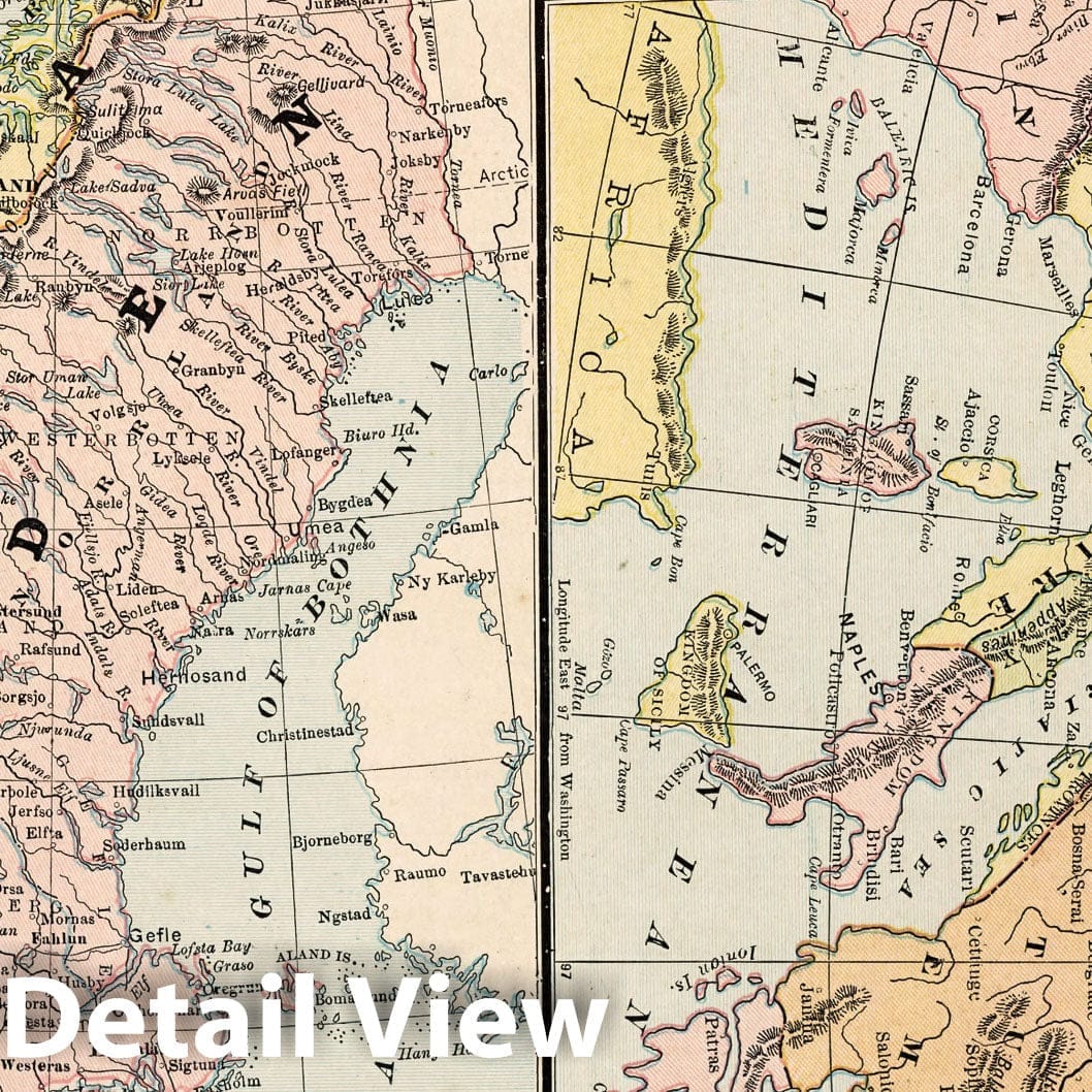 Sweden and Norway Historical Map, 1882 - Cram's Atlas Reproduction