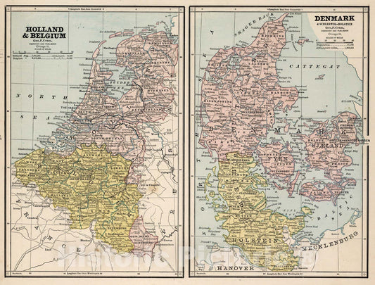 Historic Map : World Atlas Map, Holland and Belgium. Denmark. 1882 - Vintage Wall Art