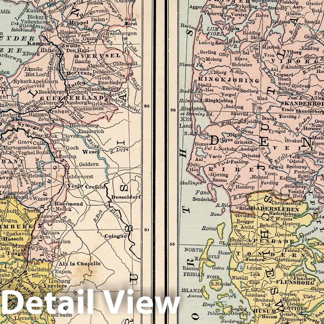 Netherlands, Belgium, and Denmark - Railroad Map, 1882 - Historical Atlas Print