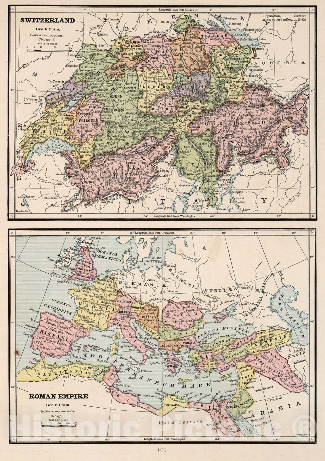 Historic Wall Map : World Atlas Map, Switzerland. Roman Empire. 1882 - Vintage Wall Art