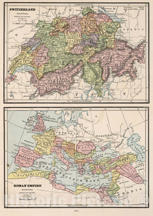 Switzerland and Roman Empire - Railroad Map, 1882 - Historical Atlas Print